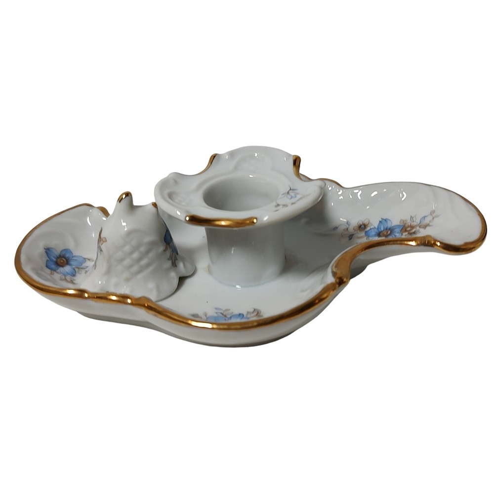 Vintage JG Candle Holder with Snuffer Blue Floral Gold Trim Bone China Two Piece